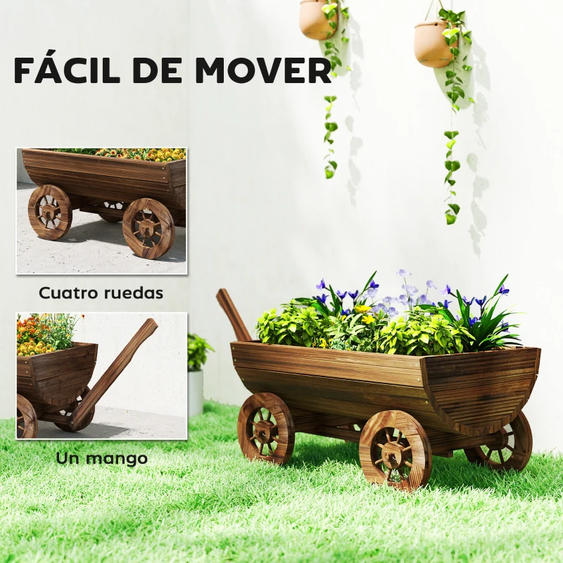 Outsunny Carrito de Madera con 4 Ruedas y Mango Jardinera Exterior con Orificio de Drenaje 115x40x54,5 cm Carbonizado