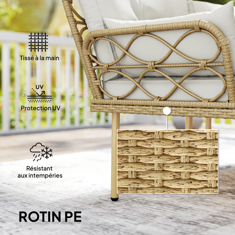 Outsunny Salon de jardin d'angle 4 pers. 3 pièces avec 1 table basse coussins grand confort inclus résine tressée crème