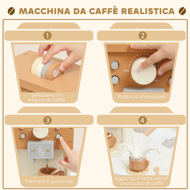 AIYAPLAY Set Macchina del Caffè Giocattolo in Legno per Bambini da 3 Anni con Accessori, Marrone