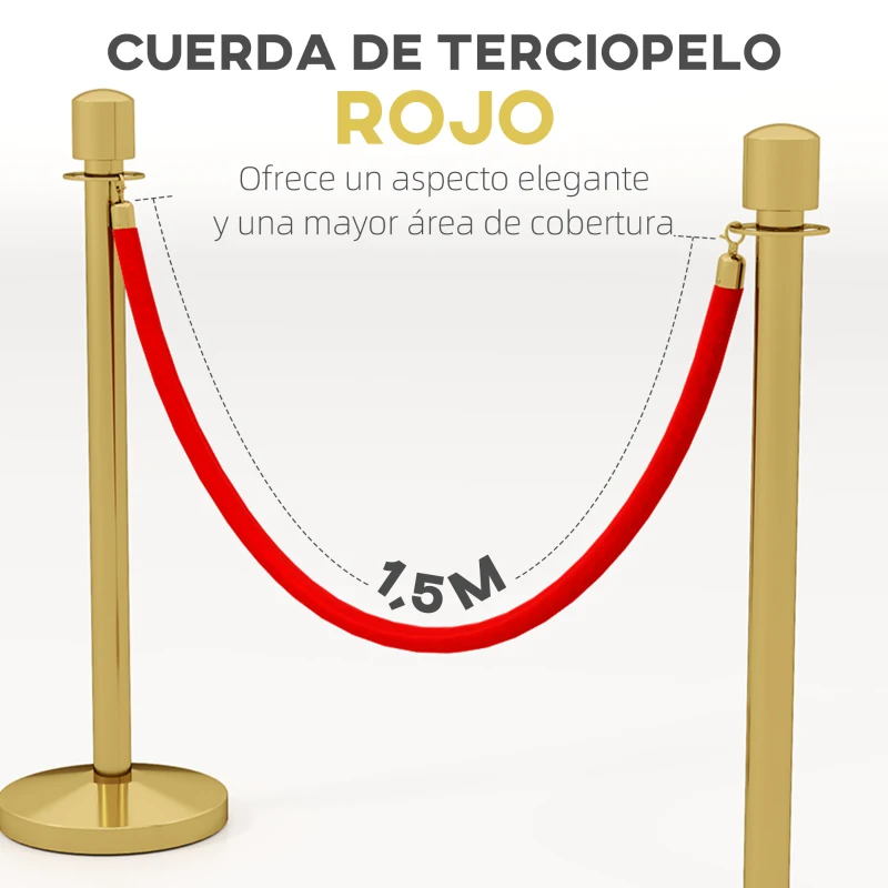 HOMCOM Juego de 2 Postes Separadores de Acero Inoxidable con Cuerda de Terciopelo Roja de 1,5 m y Base Rellenable Dorado