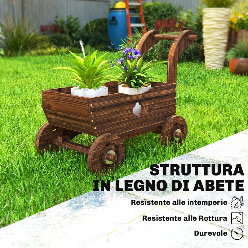 Outsunny Fioriera in Legno a Carretto con 4 Ruote, Maniglia e Fori di Drenaggio, 68x38x52 cm, Legno