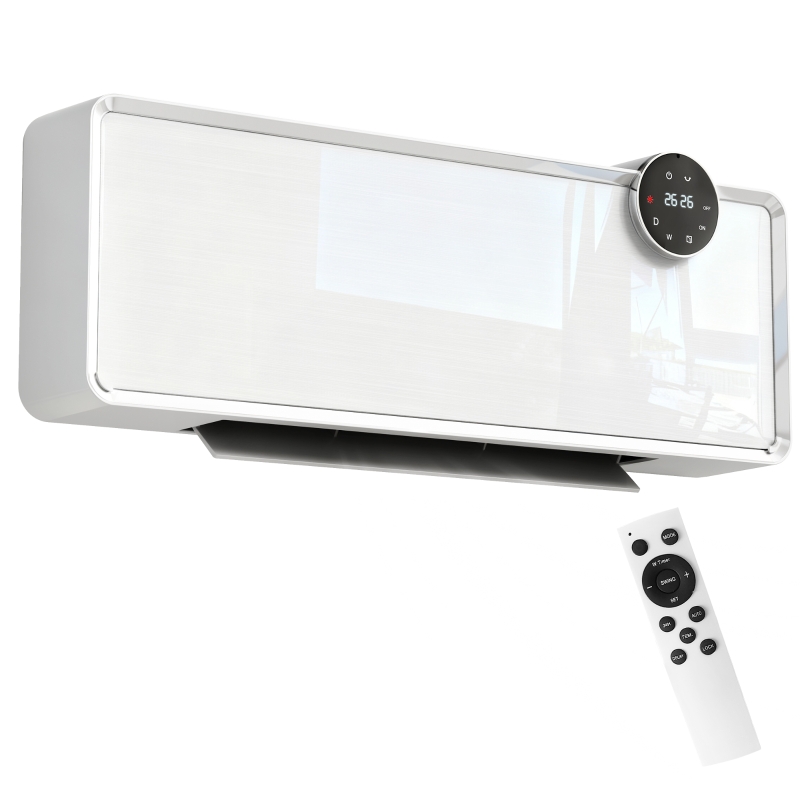 HOMCOM Stufa Ceramica Da Parete 2000W – 3 Modalità, Timer Settimanale, Telecomando, Rilevazione Finestra Aperta E Blocco Bambini, Bianco
