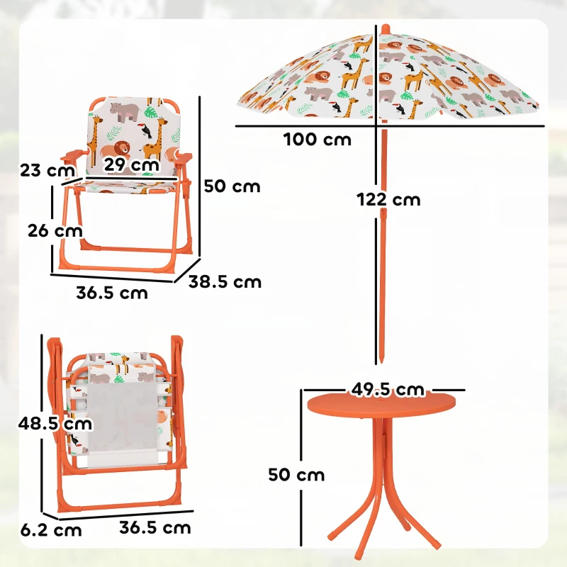 AIYAPLAY Set de Grădină pentru Copii, Masă și Scaune cu Umbrelă, Masă de Picnic pentru Exterior cu 2 Scaune Pliabile pentru Copii de 2-5 Ani, Portocaliu