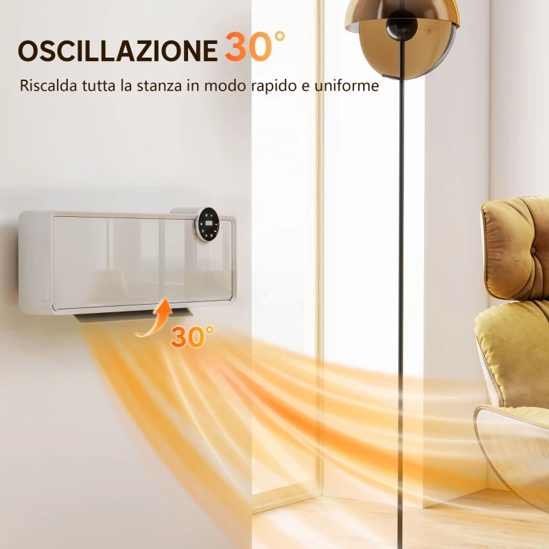 HOMCOM Stufa Ceramica Elettrica 2000W da Parete con 3 Modalità, Temperatura Regolabile, Timer e Telecomando, Bianco