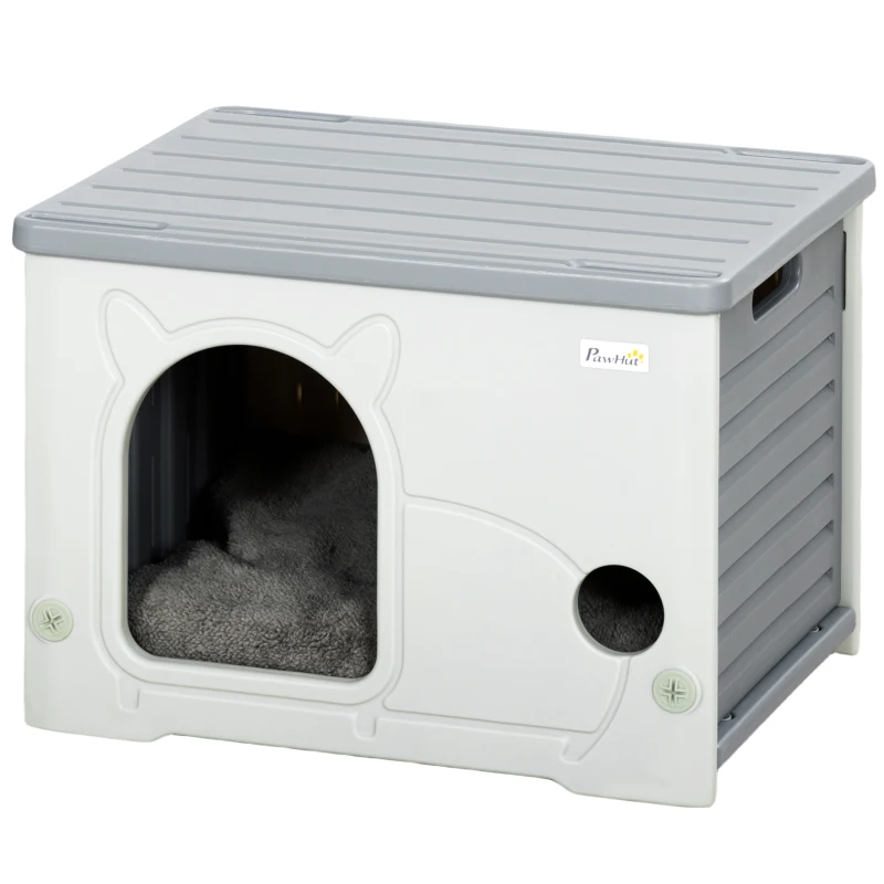 PawHut Cat House Stackable Pet Shelter with Removable Cushion for Indoor Outdoor Use Grey