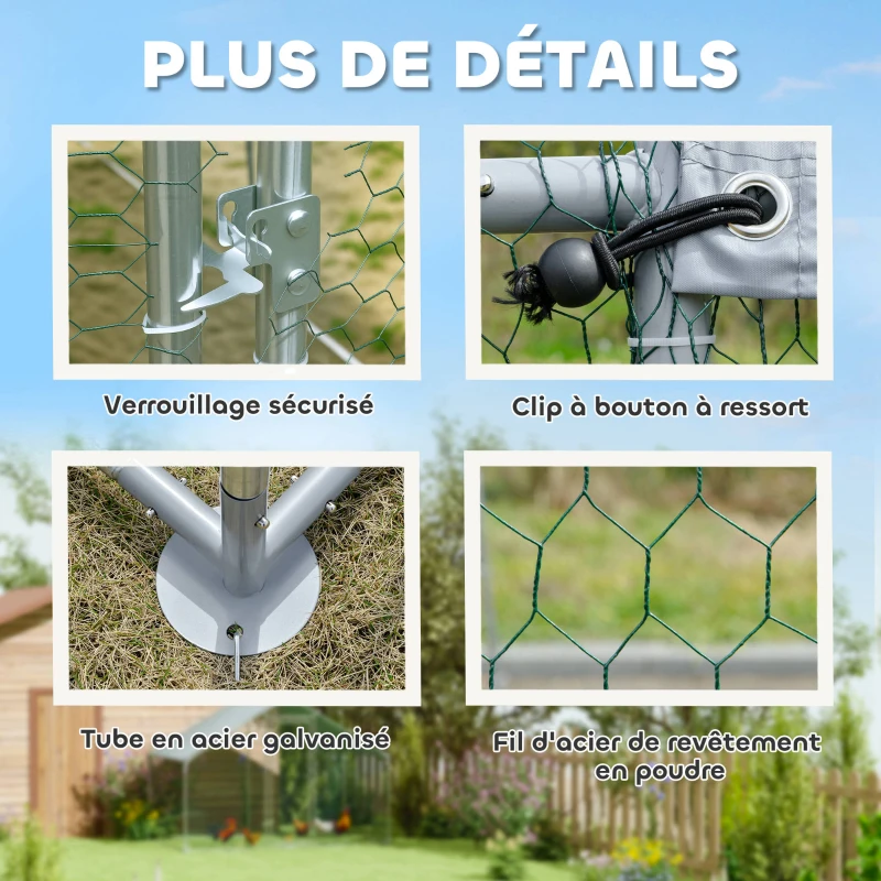 PawHut Poulailler, grand poulailler en métal avec couverture imperméable et anti-UV, cage pour 10-15 poules, 3 x 3,4 x 1,9m