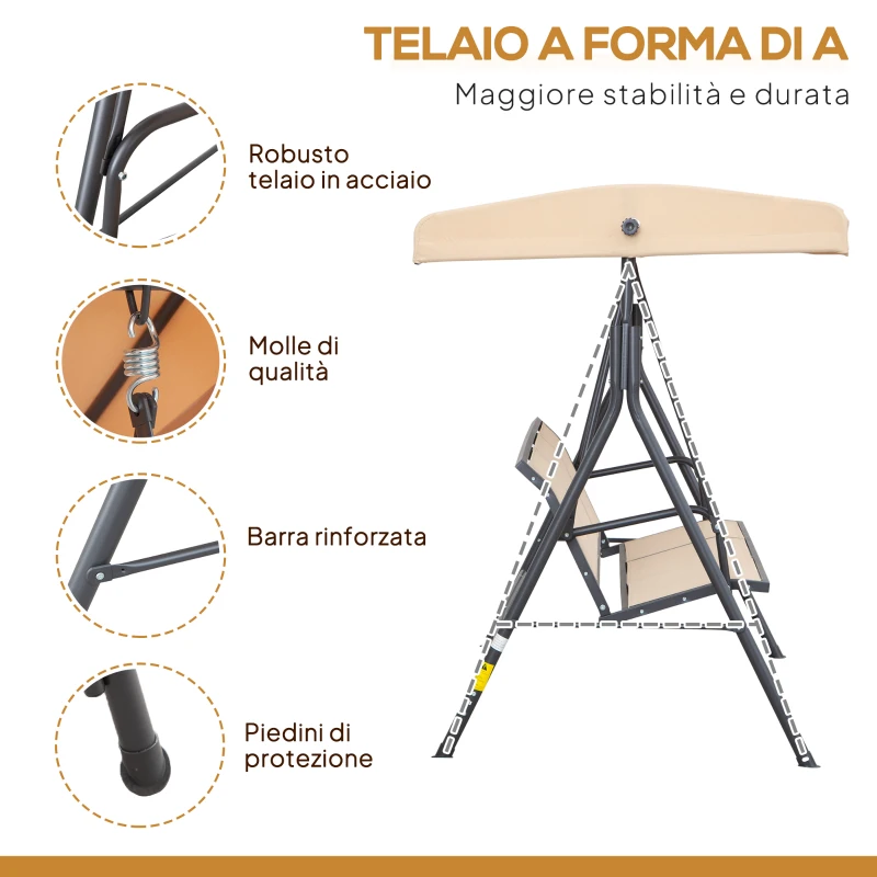 Outsunny Dondolo da Giardino a 3 Posti con Tettuccio, Seduta Traspirante e Telaio in Acciaio, Beige