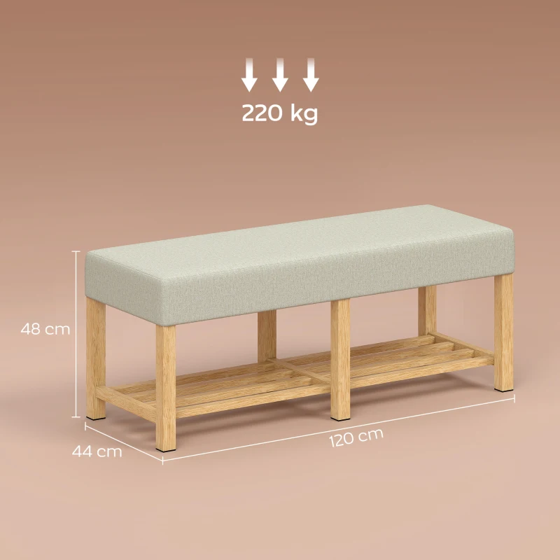 HOMCOM Banc à chaussures, banc de rangement avec siège rembourré, étagère ouverte, bois d'hévéa, 120x44x48cm, bois naturel