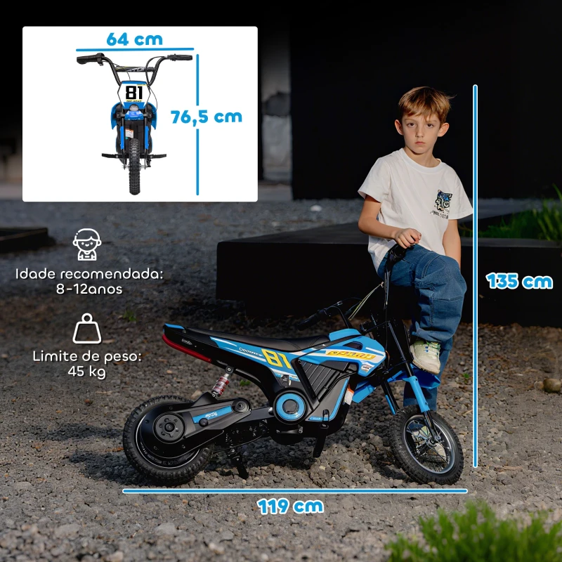 AIYAPLAY Mota Elétrica para Crianças 24V com Motor 250W Velocidade de 6-16km/h Rodas de 30,5 cm para Crianças de 8-12 Anos Azul