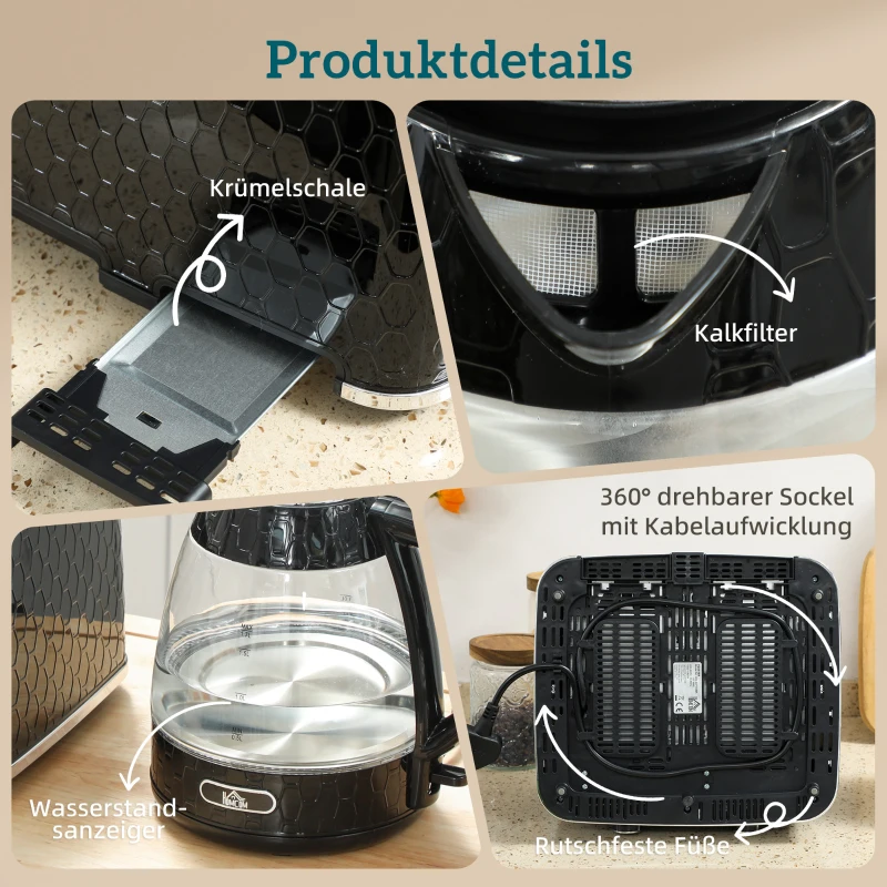 HOMCOM 1,7L 2200W Schnellkoch-Wasserkocher und 4-Scheiben-Toaster-Set mit Kalkfilter, Schwarz