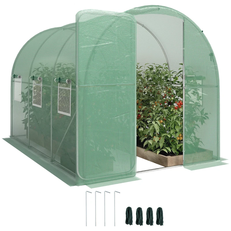 Outsunny 2 x 3 m Walk-in Polytunnel Greenhouse with Hinged Door and 6 Roll Up Mesh Windows, Garden Tunnel Warm House Tent, Green