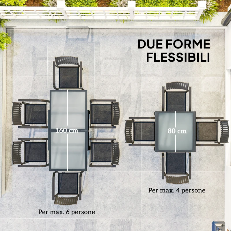 Outsunny Tavolo da Pranzo Allungabile da Giardino con Piano in Vetro e Alluminio, 80-160x80x75 cm, Nero e Trasparente