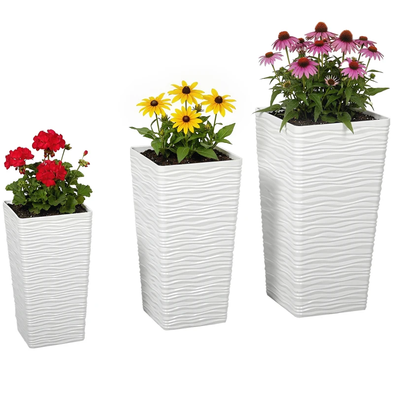 Outsunny Set 3 Vasi da Esterno Impilabili con Motivo Ondulato in Plastica, 42/55/65 cm, Bianco