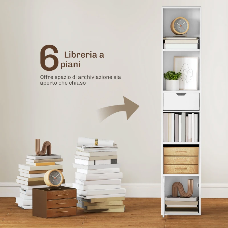 HOMCOM Scaffale Libreria a 4 Ripiani Aperti con Armadietto e Cassetto, 30x24x158 cm, in Legno Bianco