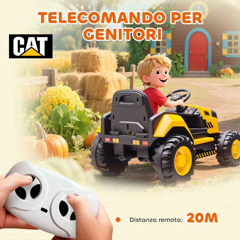 AIYAPLAY Macchina Elettrica per Bambini 3-6 Anni Marchio Ufficiale CAT 12V, Guida Manuale e con Telecomando, Giallo