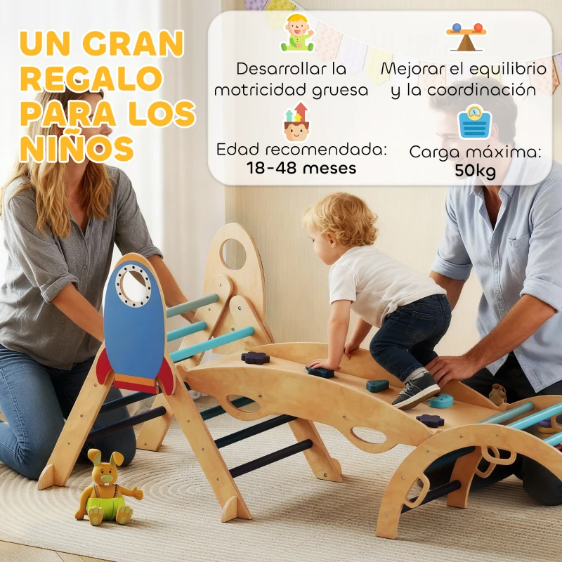 AIYAPLAY 8 en 1 Triángulo de Escalada Montessori de Madera Tema de Cohetes con Arco y Rampa para Niños de 18-48 Meses Azul
