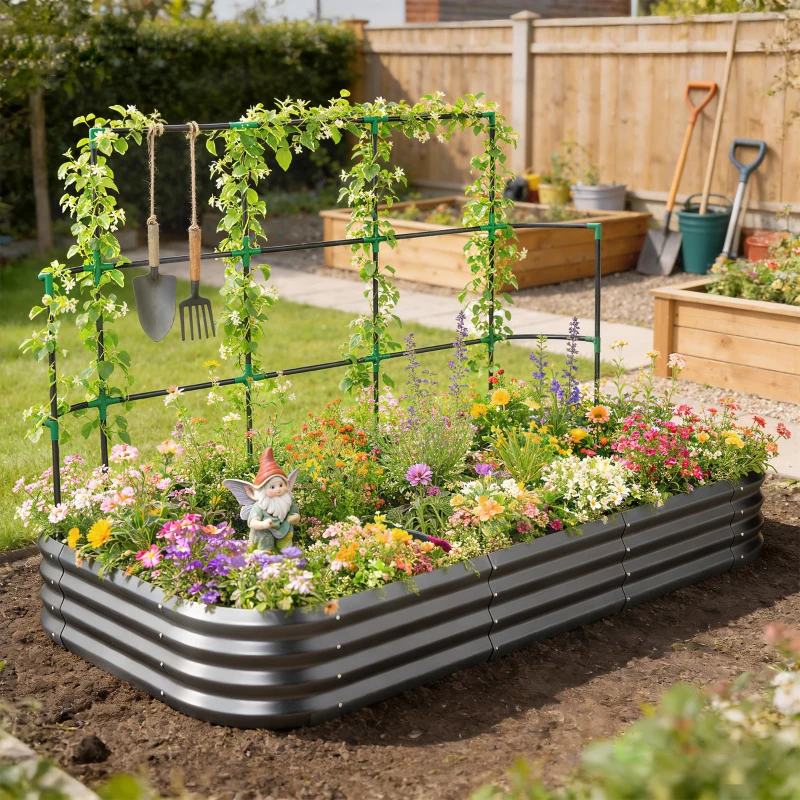Outsunny Potager surélevé avec treillis pour plantes grimpantes et fond ouvert en métal, 220x110x150 cm, Gris foncé