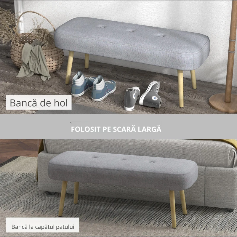 HOMCOM Banca de Capat de Pat, Banca Tapitata cu Butoni cu Picioare din Otel cu Granulatie din Lemn, Banca Tapitata cu Aspect Textil pentru Dormitor, Camera de Zi, Hol, Gri