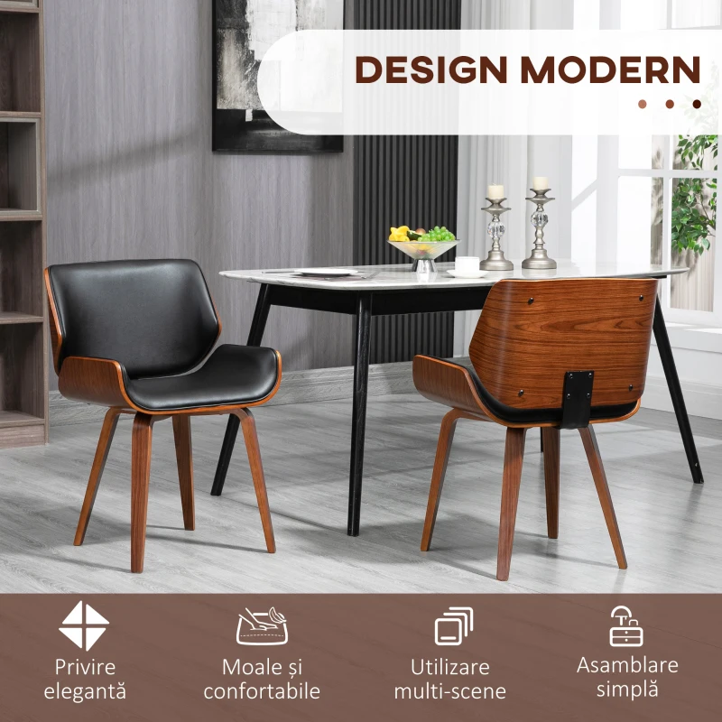 HOMCOM Set de 2 Scaune de Sufragerie Stil Vintage Îmbunătățite în Lemn și Piele Sintetică PU, Negru și Lemn