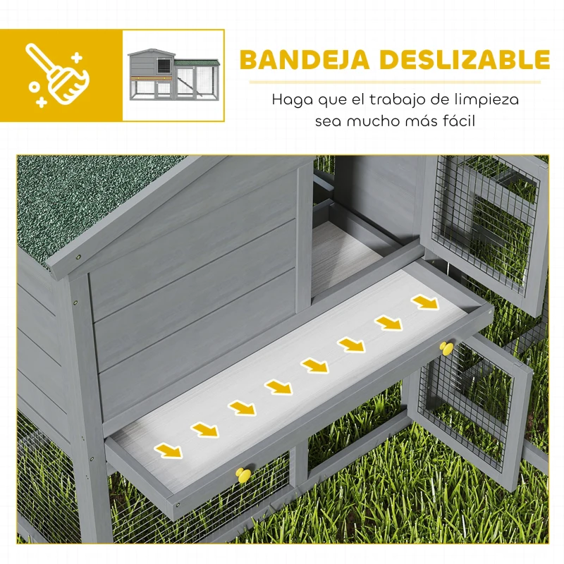 PawHut Conejera de Madera de 2 Niveles con Techo Asfáltico Bandeja Extraíble y Escalera para Exterior 150x45x85 cm Gris
