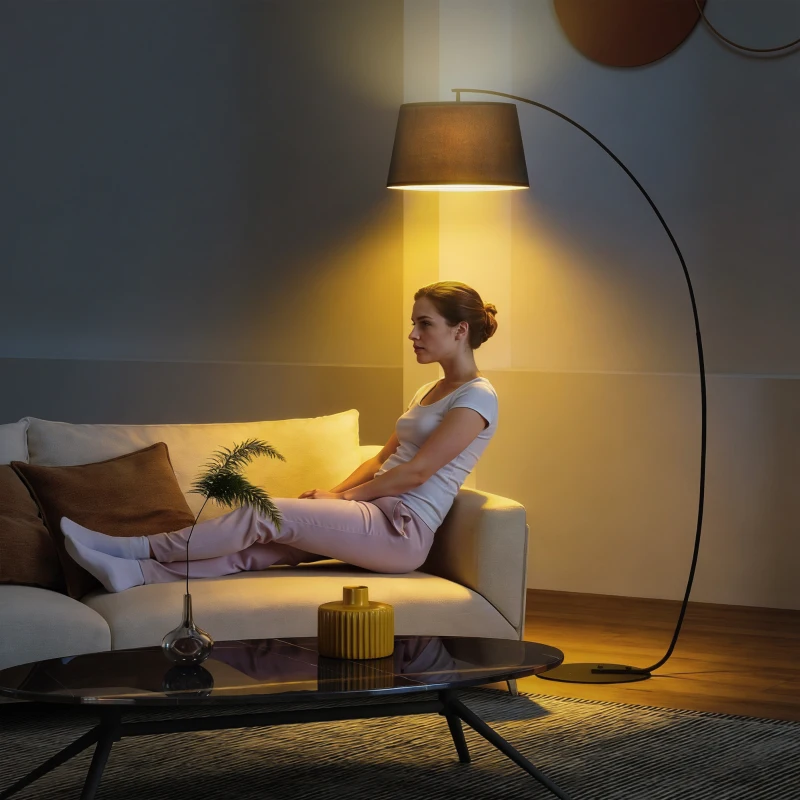 HOMCOM Lampada da Terra ad Arco con Paralume in Tessuto e Interruttore a Pedale, Ø47x105x190cm, Nera