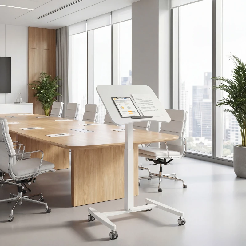 HOMCOM Bureau Debout Réglable en Hauteur, Plateau Inclinable, Roulettes et Cadre en Acier, 60,5 x 52 x 75-114 cm, Blanc