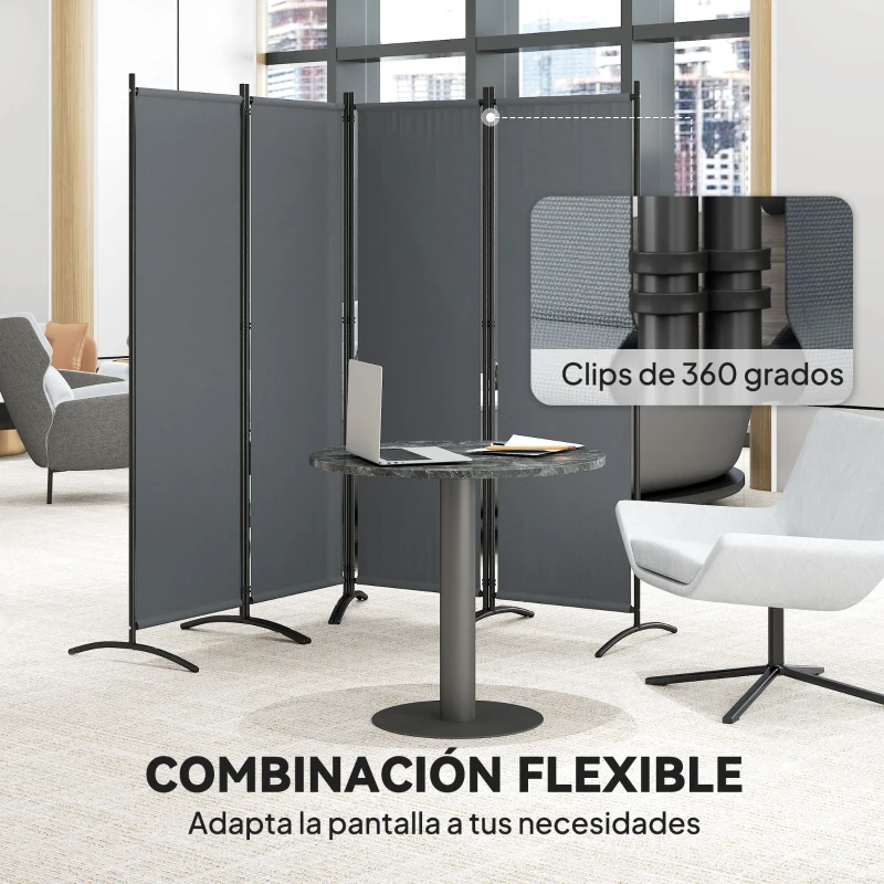 Outsunny Biombo de 4 Paneles Separador de Ambientes Plegable 221x172 cm Biombo Interior para Oficina Dormitorio Gris Oscuro