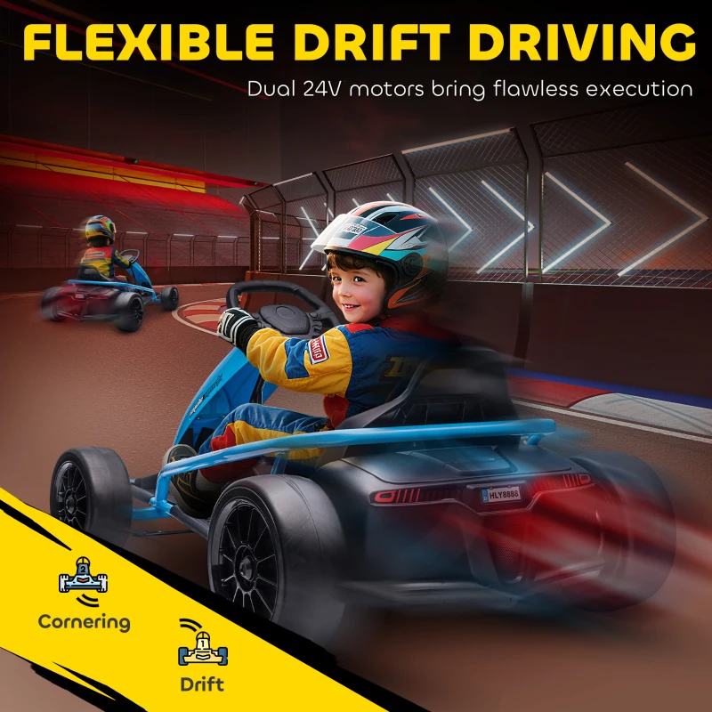 HOMCOM 24V Drift Kart, Electric Ride-On Racing Go Kart w/ 2 Speeds, Steering Wheel, Pedals for Kids Aged 8-12, Blue