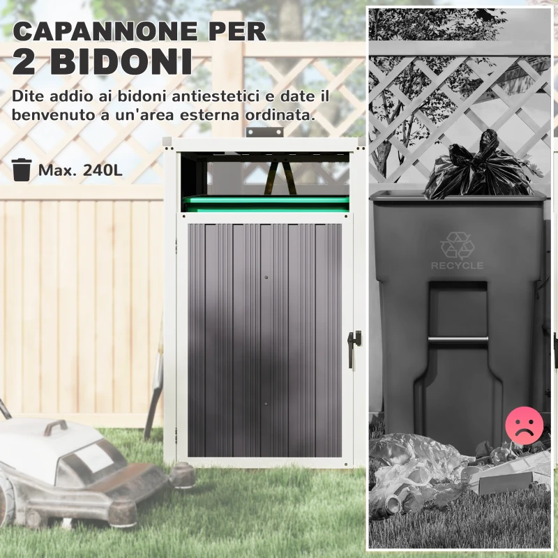 Outsunny Copri Bidoni Spazzatura a 2 Sezioni con Coperchio Sollevabile, in Acciaio Zincato, 146x81x122 cm, Grigio Scuro