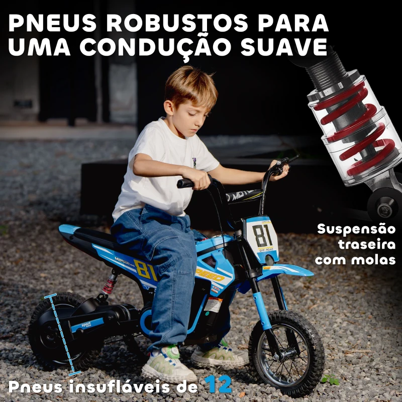 AIYAPLAY Mota Elétrica para Crianças 24V com Motor 250W Velocidade de 6-16km/h Rodas de 30,5 cm para Crianças de 8-12 Anos Azul