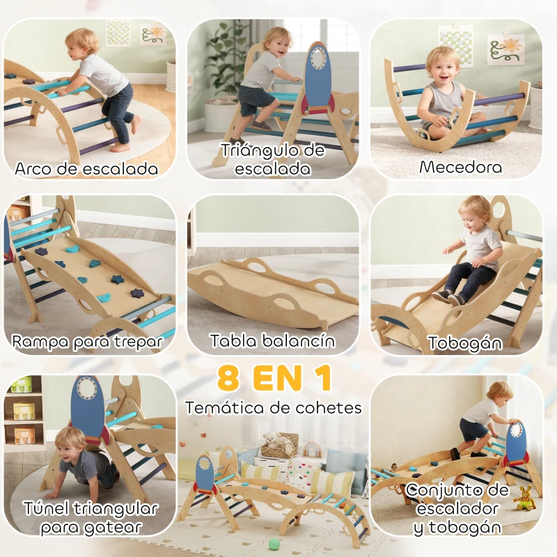 AIYAPLAY 8 en 1 Triángulo de Escalada Montessori de Madera Tema de Cohetes con Arco y Rampa para Niños de 18-48 Meses Azul