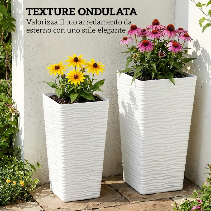 Outsunny Set 3 Vasi da Esterno Impilabili con Motivo Ondulato in Plastica, 42/55/65 cm, Bianco