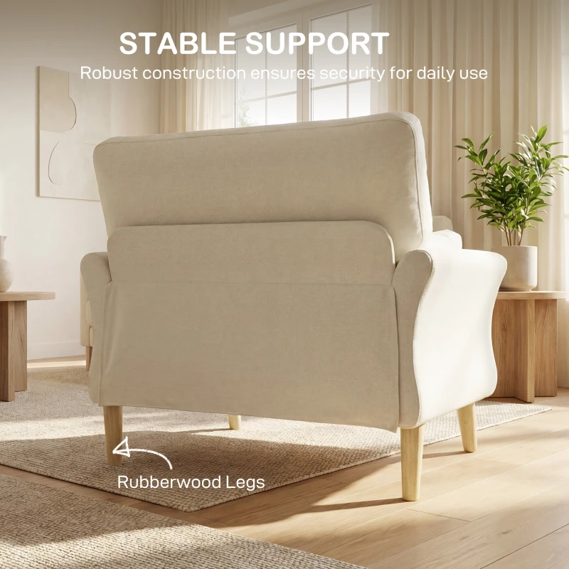 HOMCOM Fluwelen fauteuil, oversized accentstoel met houten poten, leesstoel voor woon- en slaapkamer, crèmewit