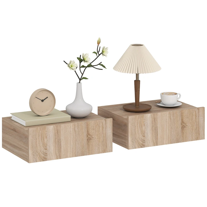 HOMCOM Set de 2 Mesillas de Noche de Pared Mesitas de Noche Flotantes con 1 Cajón para Dormitorio 40x30x15 cm Roble