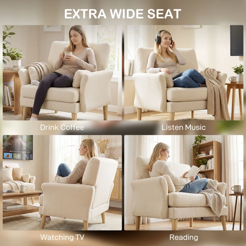 HOMCOM Sillón tapizado en terciopelo, sillón de acento extragrande con patas de madera, sillón de lectura para salón y dormitorio, blanco crema