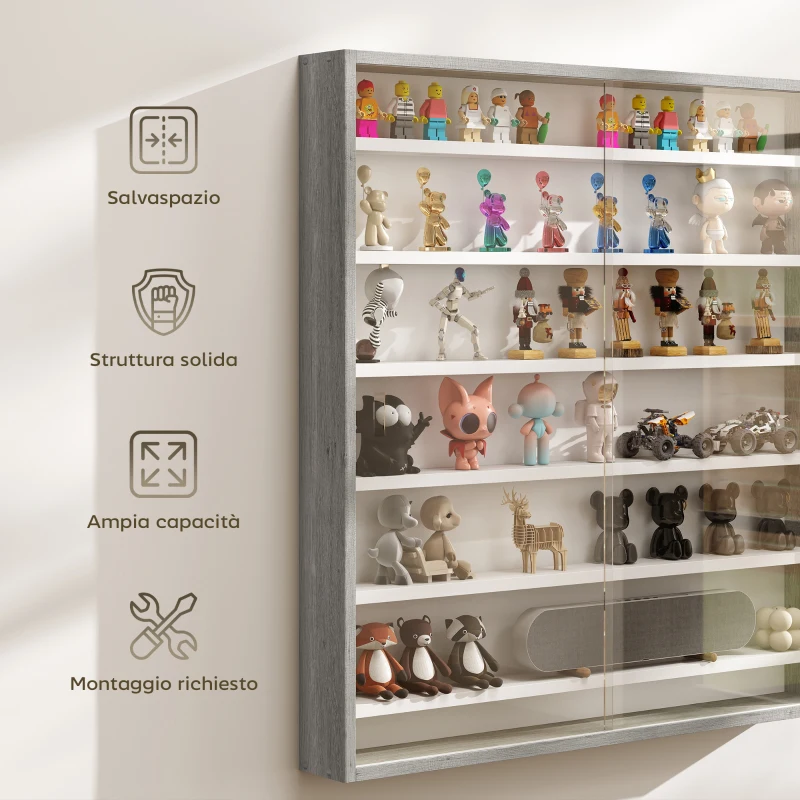 HOMCOM Bacheca Portaoggetti a 5 Ripiani Regolabili in Legno con Ante in Vetro, 80x9.5x83 cm, Bianco e Grigio