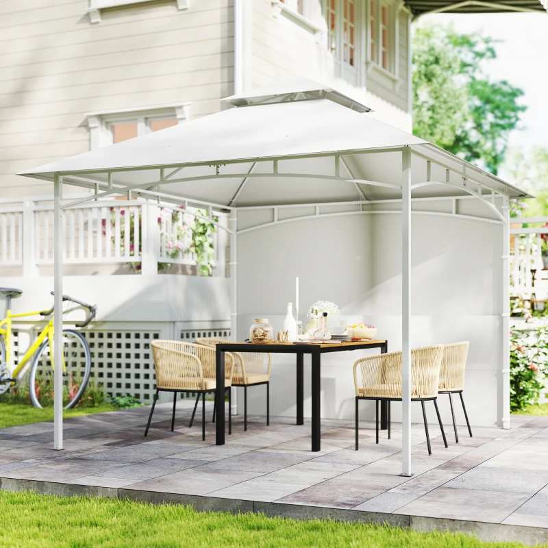 Outsunny Garten-Gazebo 3x3 m mit Vorhängen, Aufbewahrungstaschen, Deckenhaken, Außengazebo mit Doppeldach, Ablauföffnungen, Metall, für Garten Balkon Feste Terrasse, UV30+, Creme