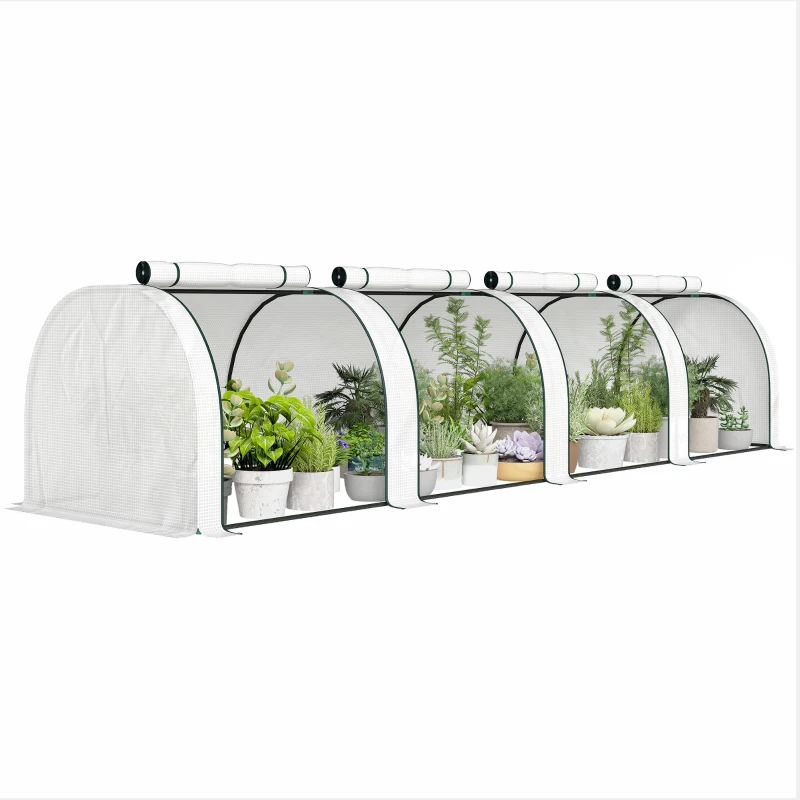 Outsunny Mini serre de jardin serre à tomates 4 x 1 x 0,80 m acier PE anti-UV 4 portes avec zip enroulables blanc