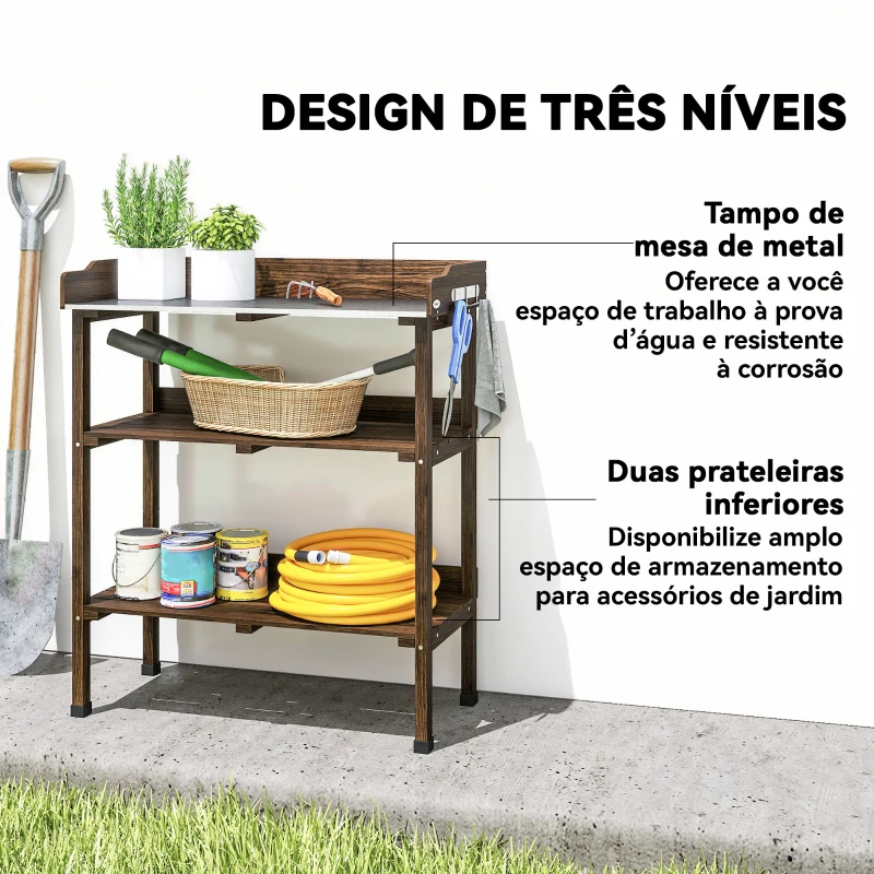 Outsunny Mesa de Jardinagem de Madeira com Superfície Metálica Prateleiras e Ganchos para Jardim e Terraço 76x37x89 cm Carbonizado