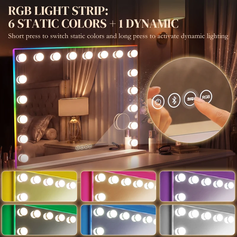 HOMCOM Hollywood Make-up Spiegel met 18 dimbare LED-lampen, 3 kleuren, RGB-verlichting, Bluetooth-luidspreker, 10x Vergroting Wit