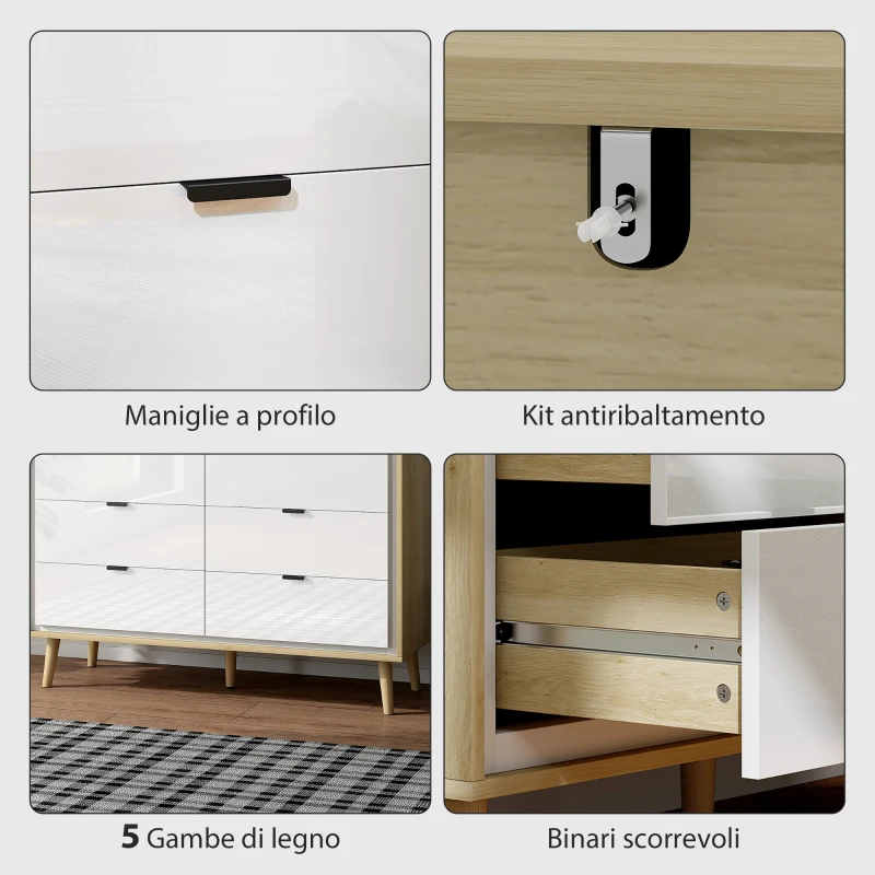 HOMCOM Cassettiera con 6 Cassetti in Legno per Camera da Letto, 110x40x75 cm, Bianco Lucido e Rovere