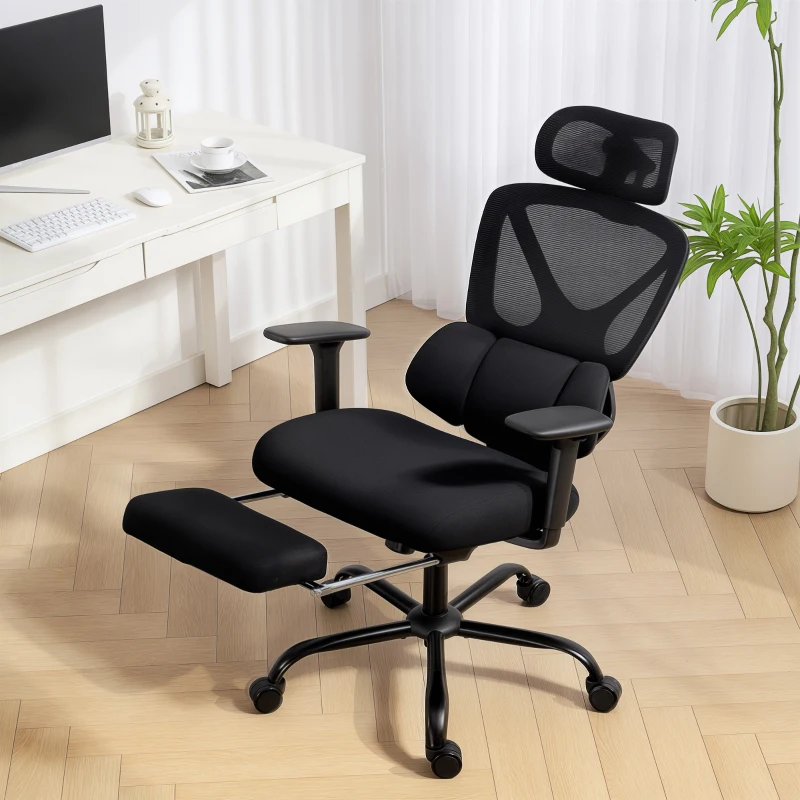 HOMCOM Sedia da Ufficio Ergonomica e Traspirante con Supporto Lombare Dinamico e Poggiapiedi, 73x75x120-128 cm, Nero