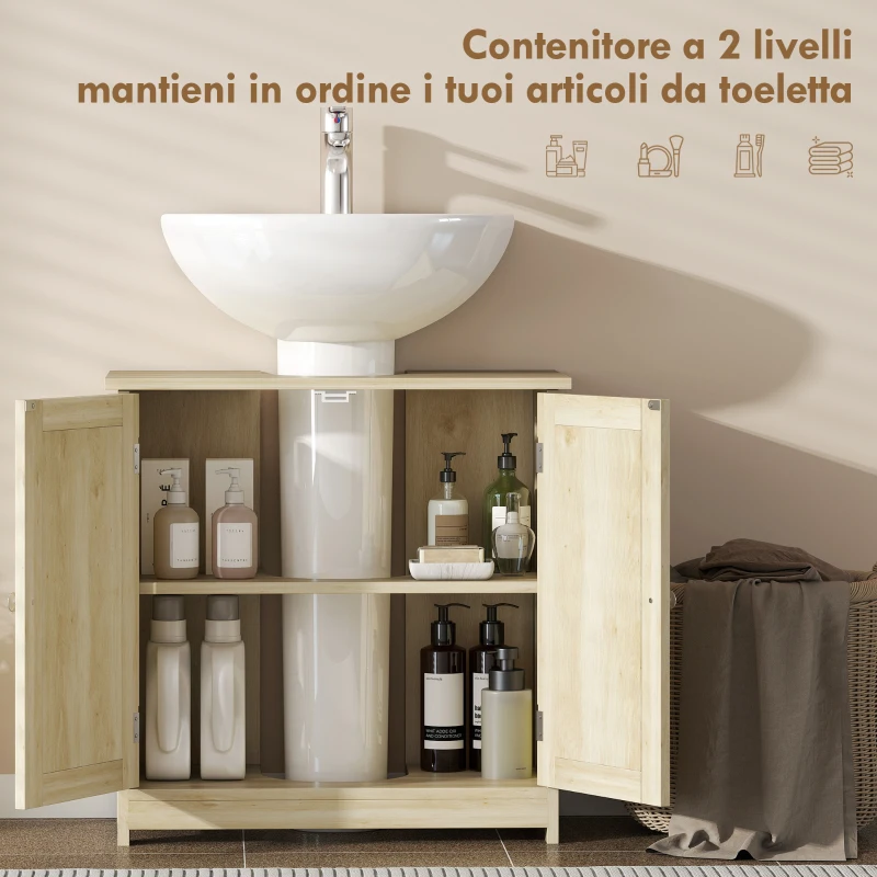 kleankin Mobile Sottolavabo a 2 Ante con Ripiano Regolabile e Intaglio a U, 60x30x60 cm, Rovere