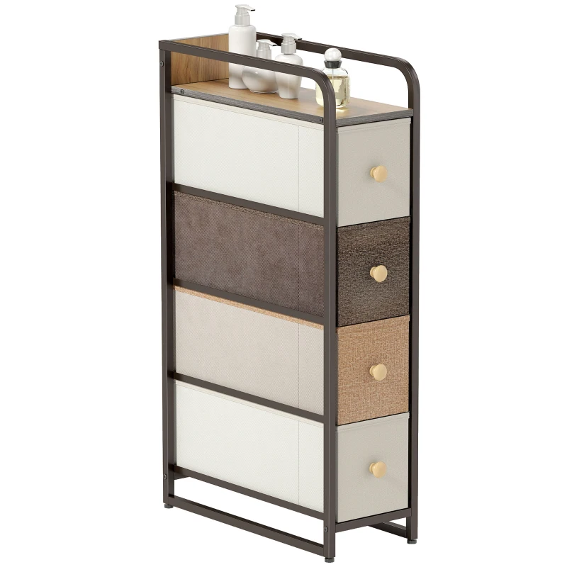 HOMCOM Cassettiera Salvaspazio con 4 Cassetti Pieghevoli in Tessuto, Acciaio e Legno, 20x47x84.5 cm, Multicolore