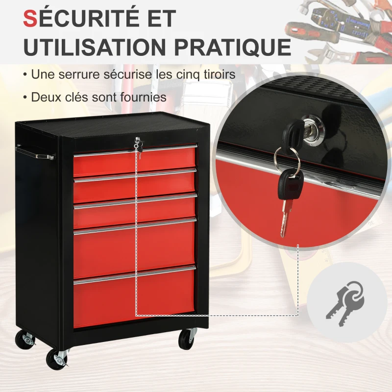 HOMCOM Chariot à outils sur roulettes, Servante d'atelier en acier 5 tiroirs verrouillable 2 clés, 61,5 x 33 x 82,5 cm, rouge