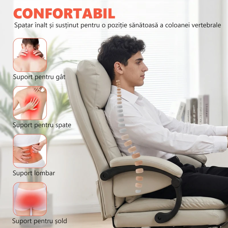 HOMCOM Scaun de Birou cu Masaj la 6 Puncte și Funcție de Încălzire, Reglabil 135° din Piele PU cu Suport pentru Picioare, Brațe Tapițate, Înălțime Reglabilă, Spătar Înalt, Gri Deschis