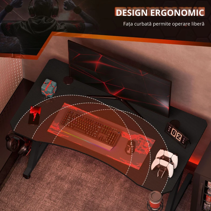 Homcom Masa Gaming Neagra – Cu Suport Casti, Pahare si Organizare Cabluri