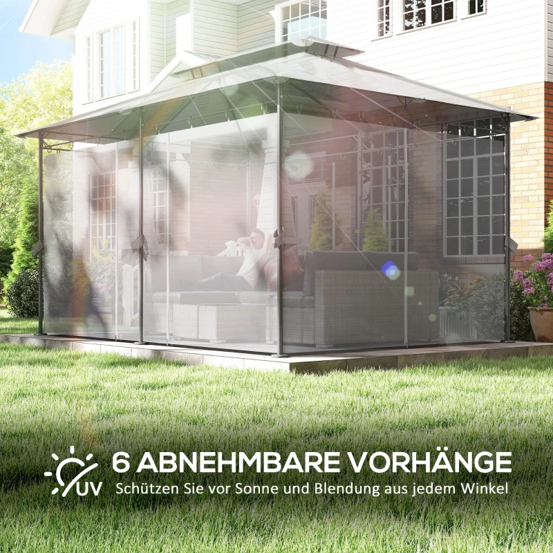 Outsunny tuinpaviljoen 3x4 m met afneembare gordijnen, dubbel dak en metalen frame, Donkergrijs