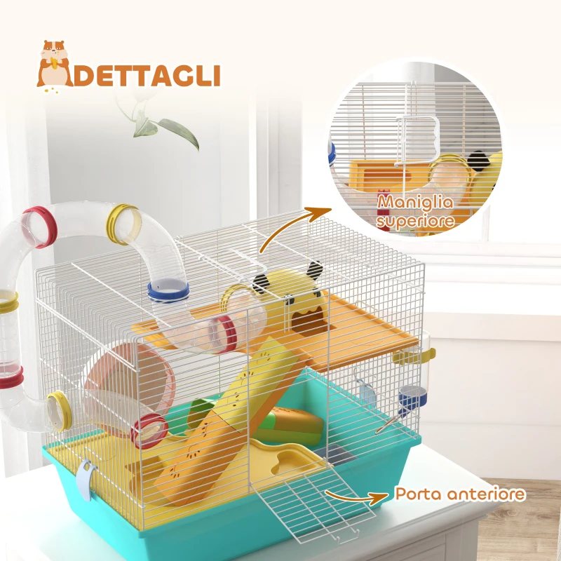 PawHut Gabbia per Criceti con Ruota, Casetta, Ciotola, Rampe e Serbatoio, in Acciaio, PS e PP, 45x28x37 cm, Bianco e Azzurro