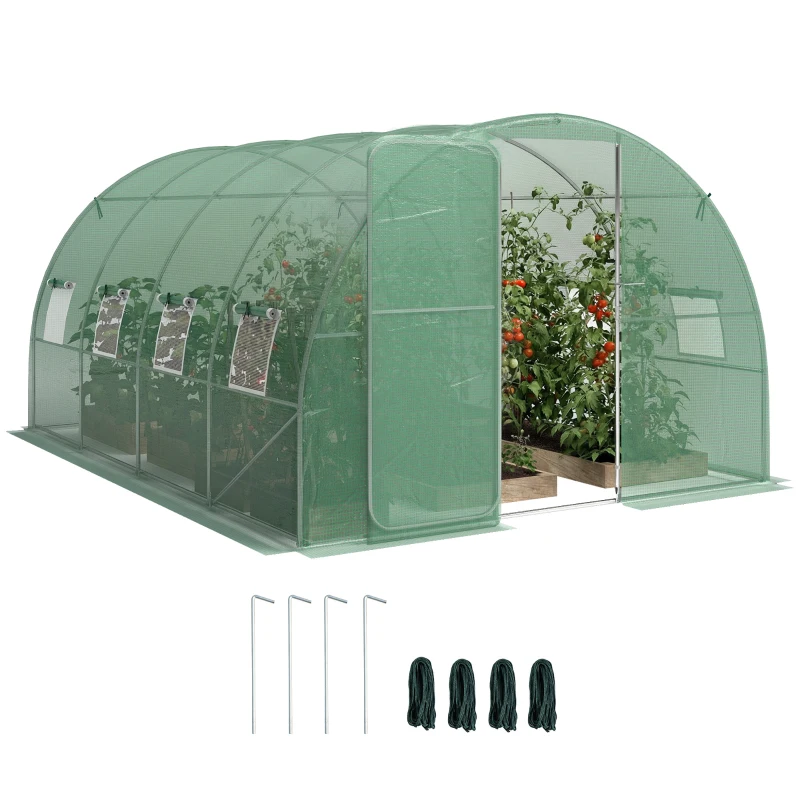 Outsunny 3 x 4 m Walk-in Polytunnel Greenhouse with Hinged Door and 8 Roll Up Mesh Windows, Garden Tunnel Warm House Tent, Green